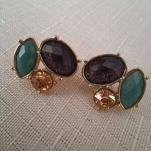 Napier Comfort Clip On Earrings Green Purple Gold Tone Sparkle & Opaque Beads